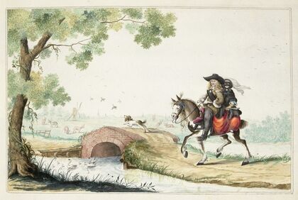 Man en gemaskerde vrouw te paard