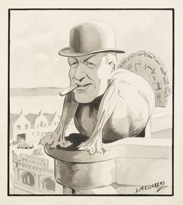 Man in bowler hat and cigar depicted as a turkey, stares out over a parapet (1912)