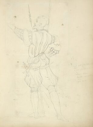 Man in breeches and doublet with sword, viewed from the back
