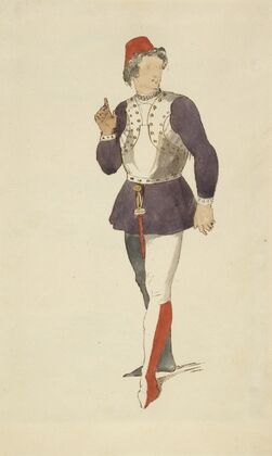 Man in hat, tunic, and tights
