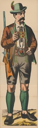 Man in lederhosen and Tyrolean hat holding a rifle over his shoulder