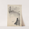 Man in top hat under lamppost with townscape in background by Oliver Herford