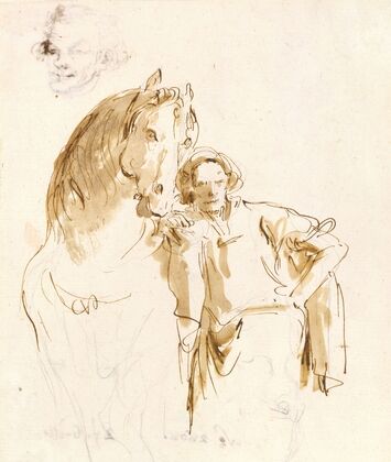 Man Leaning against a Horse