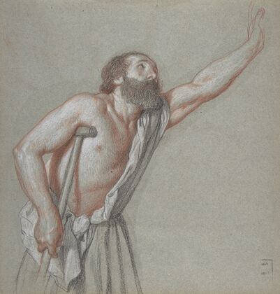 Man Leaning on a Crutch with Left Arm Raised