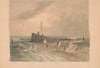Man on horseback talking with a man carrying an oystering shovel on the shore of the Delaware River (1840-1870)