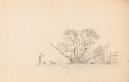 Man playing fetch with a dog near a cluster of trees, ship rigging under full sail visible on the right (1840-1875)