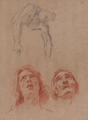 Man Reaching Down and Two Studies of Heads (recto) — size preview