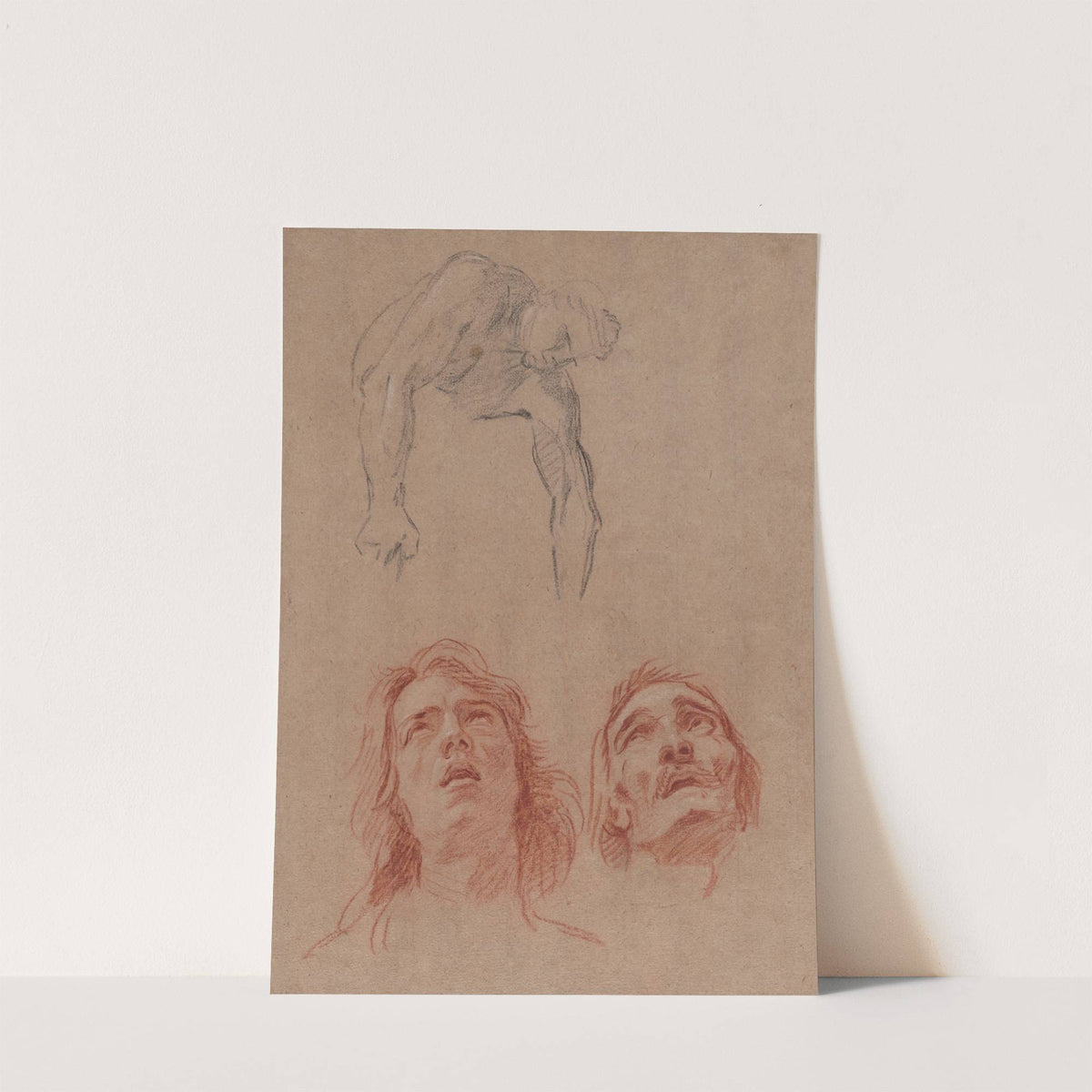 Man Reaching Down and Two Studies of Heads (recto) by Jean Jouvenet