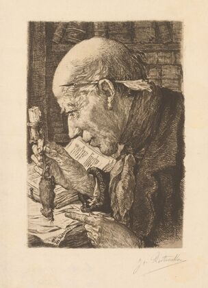 Man seated in front of a bookcase with a quill behind his ear and a mouse in his hand (1888)