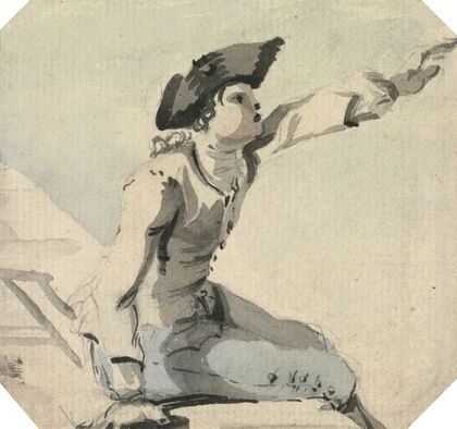 Man Seated on a Parapet Waving his Left Arm