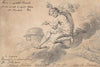 Man Sitting on a Cloud Above a Battlefield, Pointing to a Globe