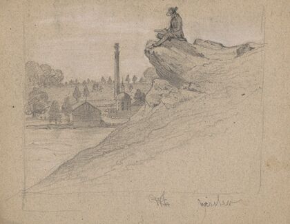 Man, sketching on rock, perhaps Queen, monument and circular building beyond (1840-1860)