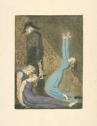 Man supporting supine woman, aged man with bell, and woman in blue dress, arms raised in suppliction