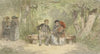 Man, vrouw en kind op een bank in het park (1863)