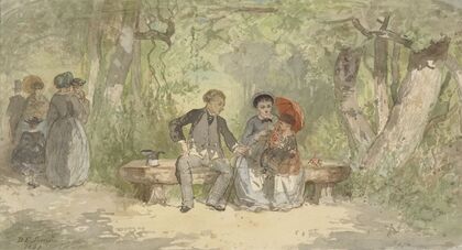 Man, vrouw en kind op een bank in het park (1863)