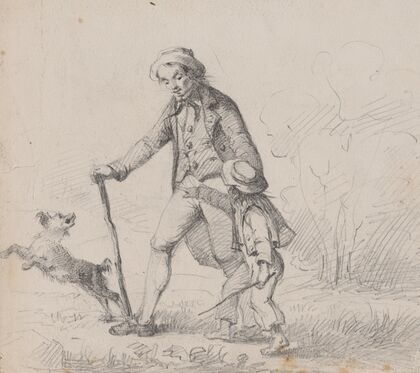 Man walking with barefoot boy and dog