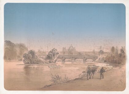 Man walking with mule on a footpath along the shore of the Schuylkill River (1873-1876)