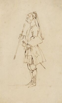 Man with a Long Pigtail and a Stick, Standing in Profile to the Left
