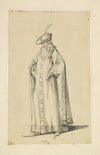 Man with beard in long cape, hat with plume, and pointed shoes