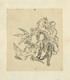Man with falcon standing over a large bird, and man with horse