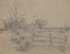 Man with rifle leaning against fence near house with outbuildings (1840-1860)