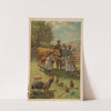 Man, woman, and little girl feeding a calf at the farm (1909) by Gray Litho. Co