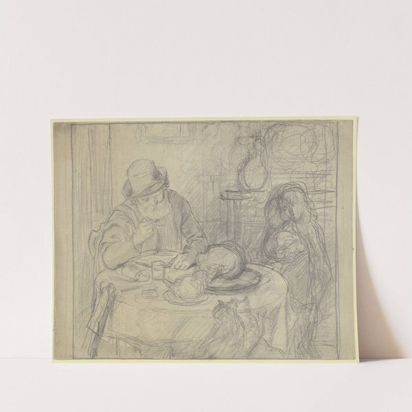 Mann am Esstisch mit Kind und Katze by Otto Scholderer