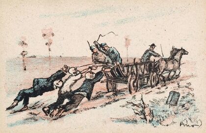 Mannen vastgebonden aan een rijdende wagen worden gegeseld door soldaten