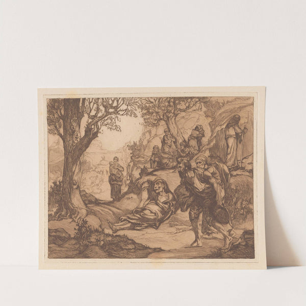 Mannen, vrouwen en kinderen in heuvelachtig landschap by Johannes Josephus Aarts