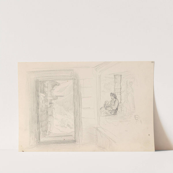 Mannsfigur i døråpning; kvinne med barn (1857) by Adolph Tidemand