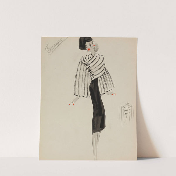 Manteau court blanc travaillée en bandes sur robe noire (1938) by M. P. Leven