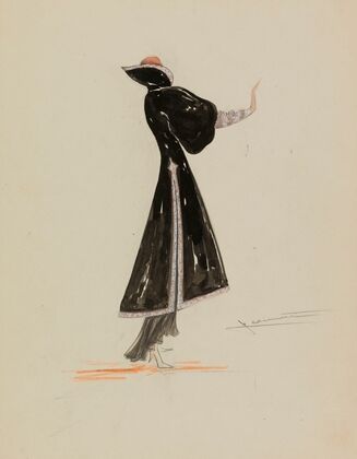 Manteau noir à manches gigot et grand col (1938)