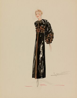 Manteau noir avec passementerie d’or et manches ballon (1938)