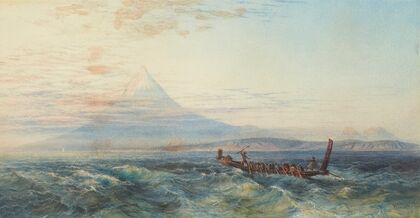 Maori war canoe approaching Taranaki