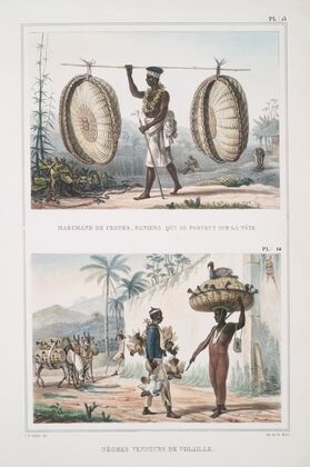 Marchand de cestes [cestos], paniers qui portent sur la tête; Nègres vendeurs de volaille — size preview