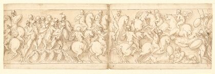Marcus Aurelius drager afsted over en bro med infanteri og kavaleri; sarmaterne drives tilbage af fremrykkende romere