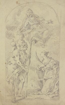 Maria auf Wolken mit dem Heiligen Christophorus und einer Heiligen