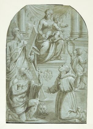 Maria med Jesusbarnet tronende, omgivet af apostlen Andreas, Johannes Døberen som barn, den hellige Jeronimus og den hellige Frans af Assisi