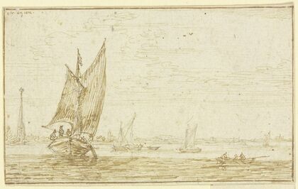 Marine, links segelt ein Boot, rechts ein Ruderboot
