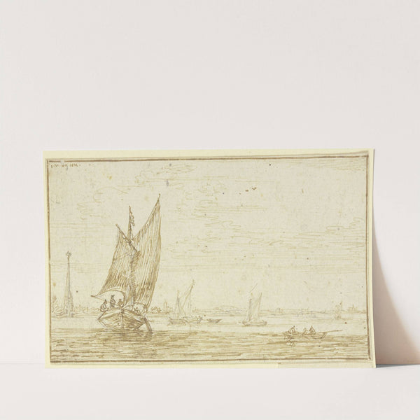 Marine, links segelt ein Boot, rechts ein Ruderboot by Jan van Goyen