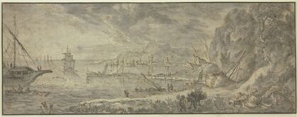 Marine, rechts große Felsen, vorn ein Maultiertreiber, im Hintergrunde eine Stadt