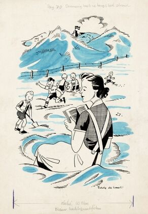 Marjo met spelende kinderen op het strand