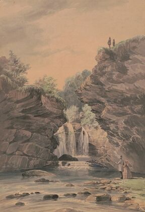 Sketch of cascade visible between two bluffs
