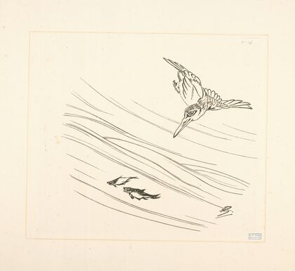 Martin-pêcheur, deux petits poissons. (1866 - 1878)