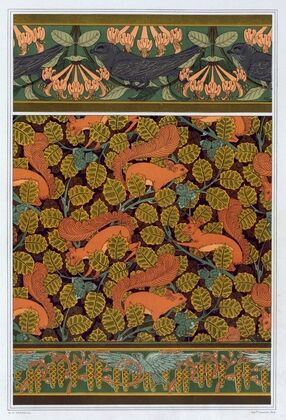 Martinets et chèvrefeuille, bordure. Écureuils et noisetier, papier peint. Oiseaux et noisetier en fleur, bordure.