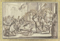 Martyrium des heiligen Jacobus des Jüngeren; Der Heilige wird von einer Volksmenge gesteinigt und mit dem Walkerholz erschlagen