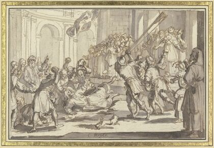 Martyrium des heiligen Jacobus des Jüngeren; Der Heilige wird von einer Volksmenge gesteinigt und mit dem Walkerholz erschlagen