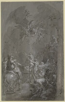 Martyrium des Heiligen Veit, der nackte Heilige, von Folterknechten umgeben, am Ölkessel, in der Luft Engel mit der Märtyrerkrone (ca 1790)