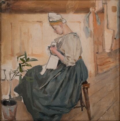 Mary Gallen sewing in a Carelian home (1890)