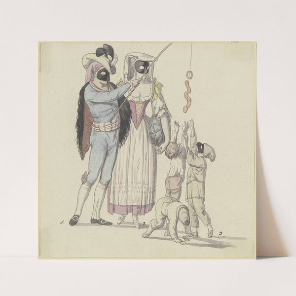 Maskenszene mit Fischer und Frascatanerin; Ein maskiertes Paar, der Mann mit einer Angel, an der Würstchen hängen, nach denen drei Knaben greifen by Johann Georg Schütz